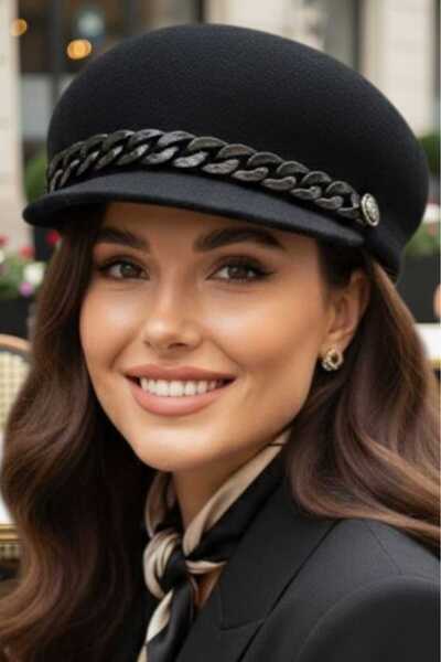 Trenderrs Kadın %100 Yün Lüks Zincirli Binici Kasket Şapka