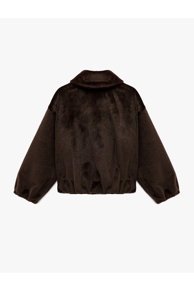 Koton Classic Collar Zippered Pocket Oversized Faux Fur Bomber Jacket