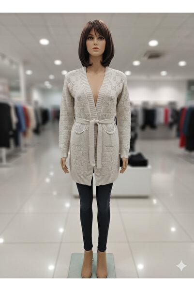 HeviStor Women's Cardigan, Long, Above the Knee, with Pockets, Belt Detail, Knitwear