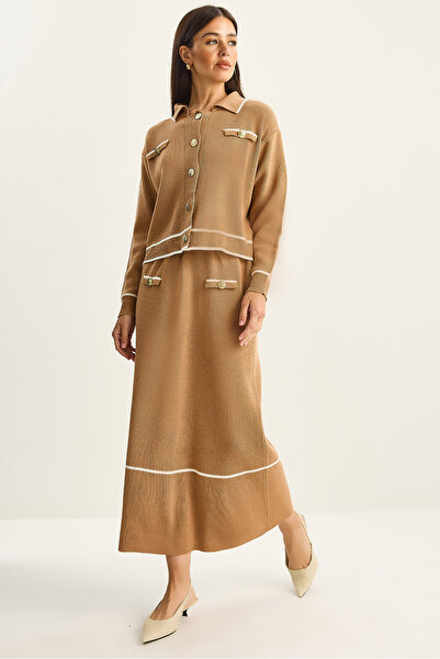 Bianco Lucci Women's Gold Button Detailed Long Skirt Knitwear Top and Bottom Set 60285002