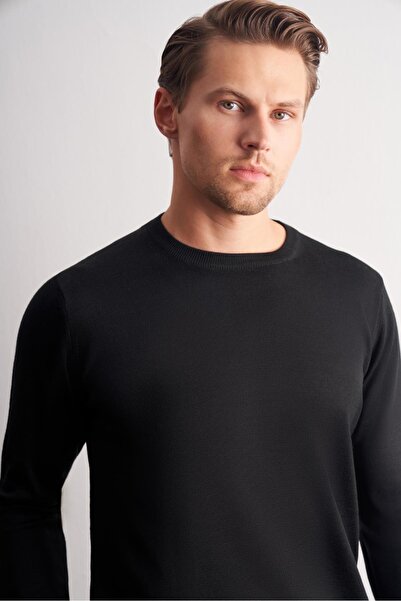 İmza Black Crew Neck Long Sleeve Pocketless Comfort Fit Classic Cotton Knitwear Sweater 1012255206