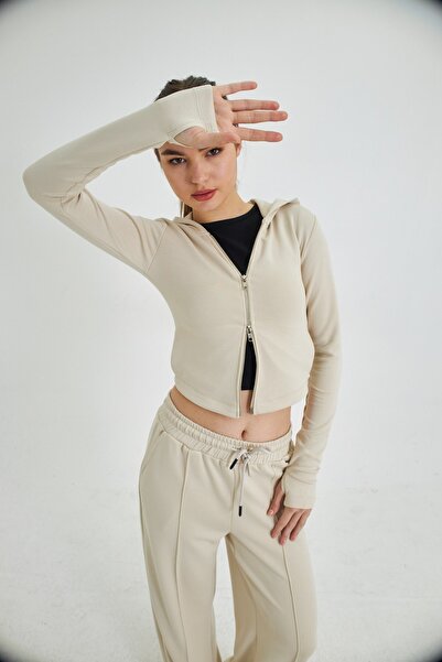 The Champ Clothing Women's Custom Made Modal Fabric Double Zipper Hooded Cardigan Beige