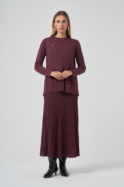 Nuss Stone Detail Skirted Knitwear Set 1352 Cherry