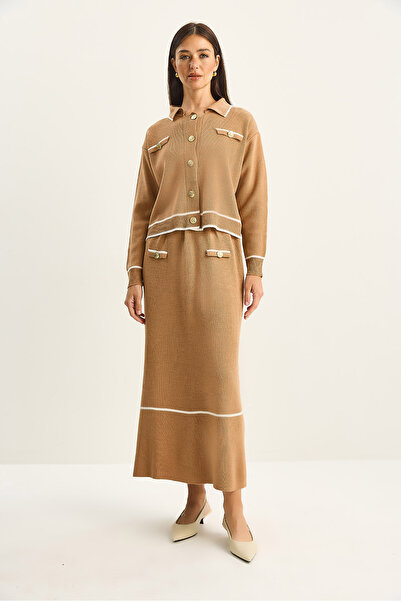 Bianco Lucci Women's Gold Button Detailed Long Skirt Knitwear Top and Bottom Set 60285002