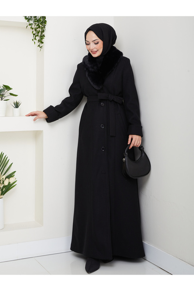 KMKkombin KADIN YENİ SEZON KRUVAZE YAKA DÜĞMELİ YAKASI KÜRKLÜ KUŞAKLI TAM BOY...