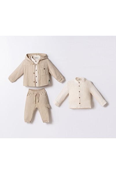 Baby Erkek Bebek Müslin Gömlekli Kapüşonlu 3'lü Takım Bayramlık