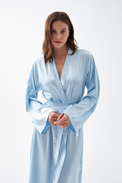 Akbeniz Women's Long Blue Satin Dressing Gown