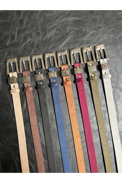 LİA KEMER 8'Li Cadence U Patterned Suede Women's Silver Buckle Belt Jacket Belt Dress Belt Trouser Belt