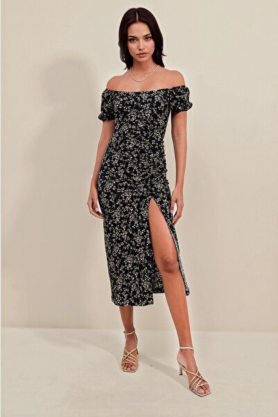 Hiccup Bdart Square Neck Detailed Textured Midi Knitwear Dress