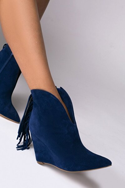 Vanilla Days Navy Breeze Fringed Suede Boots - Elegant Blue Western Style with Slim Heel