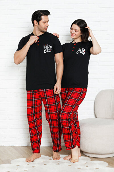 Enisena Women's Pajama Set - Plaid Bottoms - 3 Buttons - 100% Cotton 12387