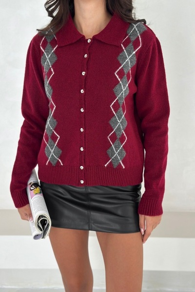 Noi Belis Baklava Patterned Polo Neck Knitwear Cardigan Aw25Hi0056