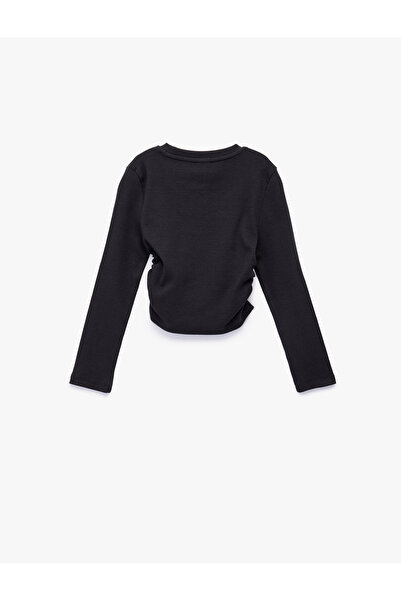 Koton Stone Detailed Long Sleeve Crew Neck Gathered Cotton Printed T-Shirt