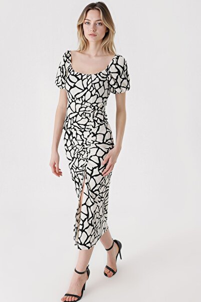 Hiccup Bdart Square Neck Detailed Textured Midi Knitwear Dress