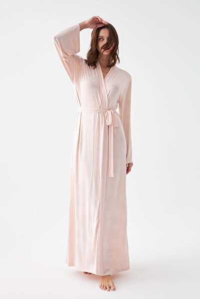 Akbeniz Women's Long Pink Combed Cotton Dressing Gown