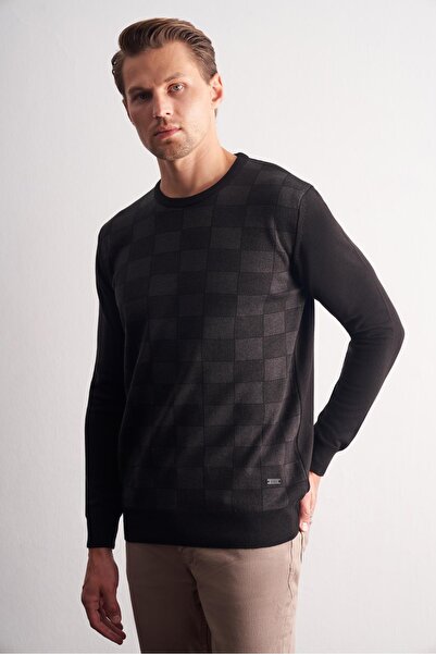 İmza Μαύρο πουλόβερ με μακρύ μανίκι χωρίς τσέπες Comfort Fit βαμβακερό πλεκτό πουλόβερ 1012255221