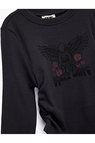 Koton Stone Detailed Long Sleeve Crew Neck Gathered Cotton Printed T-Shirt