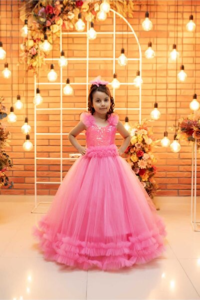 zde dikim evi РОЗОВА ДЕТСКА РОКЛЯ С ДВОЕН НАБОРЕН КОЛАН