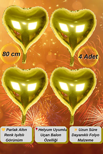Tamsena Store 4 Adet Gold Renk Kalp Şeklinde Folyo Balon | 80 cm Helyum ve Po...