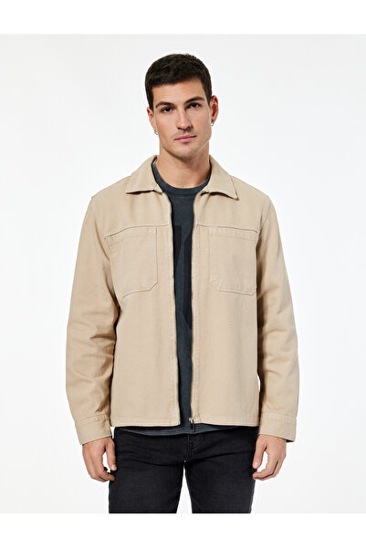 Koton Regular Fit Classic Collar Pocketed Cotton Zipper Shirt Jacket