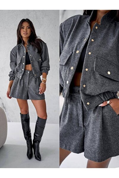 NEW STATION Βαμβάκι Κασέ Σετ υφασμάτινο Με φόδρα Bomber Jacket με ψηλόμεσο σορτς