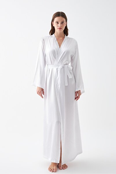 Akbeniz Women's Long White Satin Dressing Gown
