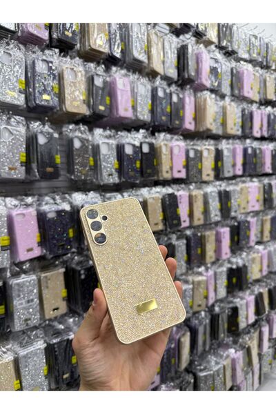 Borsa Aksesuar iPhone 16 Plus Altın Taşlı Desenli Telefon Kılıfı