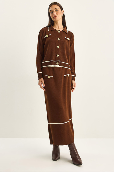 Bianco Lucci Women's Gold Button Detailed Long Skirt Knitwear Top and Bottom Set 60285002