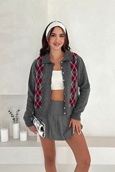 Noi Belis Baklava Patterned Polo Neck Knitwear Cardigan Aw25Hi0056