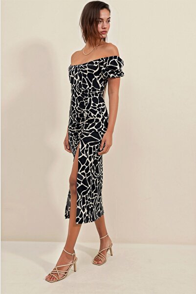 Hiccup Bdart Square Neck Detailed Textured Midi Knitwear Dress