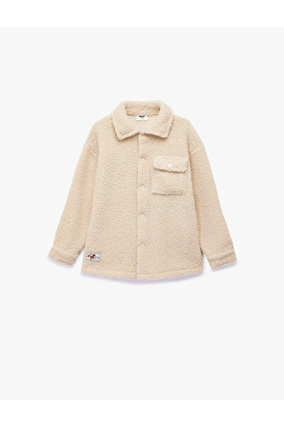 Koton Buttoned Long Sleeve Plush Coat with Flap Pocket Detail