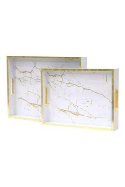 lnkoo صينية تقديم خشبية مطبوعة بالرخام من قطعتين، لون أبيض/ذهبي، 40×30×5 سم