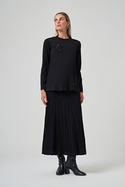 Nuss Stone Detail Skirted Knitwear Set 1352 Black