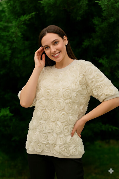 Sibel Günay Butik Women's Tulle Embossed Rose Patterned Cream Sweater Short Sleeve-Standard (Fits up to Size 40)