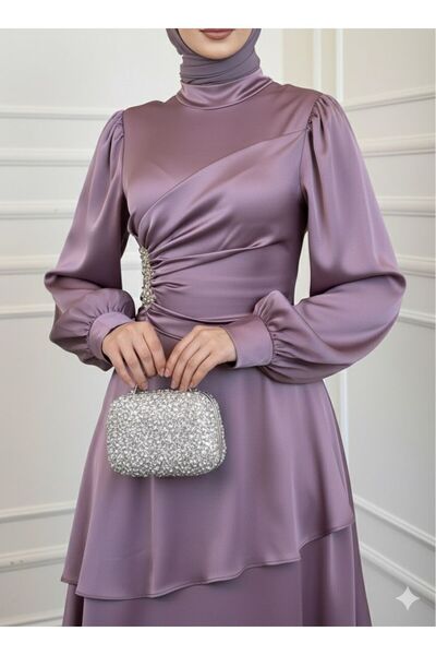 STİLZERAFET Yandan Stone Layered Satin Evening Dress