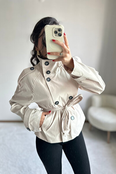 MoyStore Light Beige Lined Short Trench Coat with Tie