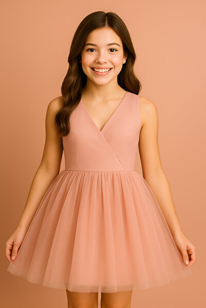 NSMLİFE Girl's Wrap Collar Mini Plain Skirt Puffy Dress