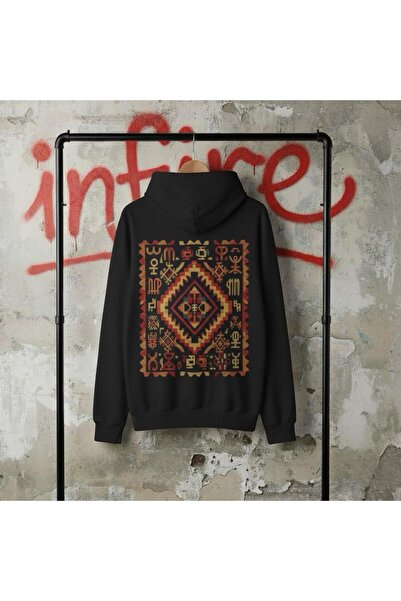 Infire clothing Unısex Oversize Kilim Etnik Desenli Baskıı Hoodie