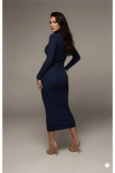 MaxiMor Women's Navy Blue Ribbed Knit Corded Fabric Fabric Mock Neck Pencil Model Dress Height 135 Cm1