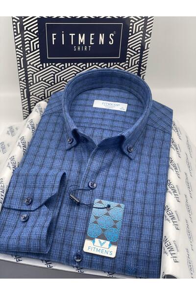 Fitmens Classic long sleeve winter plaid button-up cotton shirt with gift box for men fs-004342 - Cobalt blue