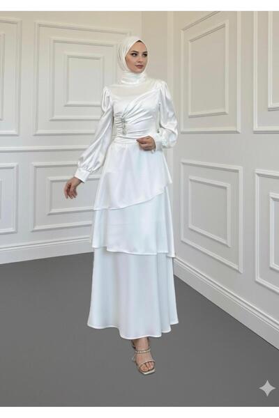 STİLZERAFET Yandan Stone Layered Satin Evening Dress