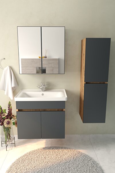 makbulce Tokyo Havlu Dolaplı 65cm Seramik Lavabolu MDF Aynalı Banyo Dolabı-Atlantik çam&antrasit gri