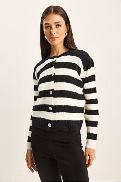 Bianco Lucci Women's Striped Crew Neck Bearded Knitwear Cardigan 60285008