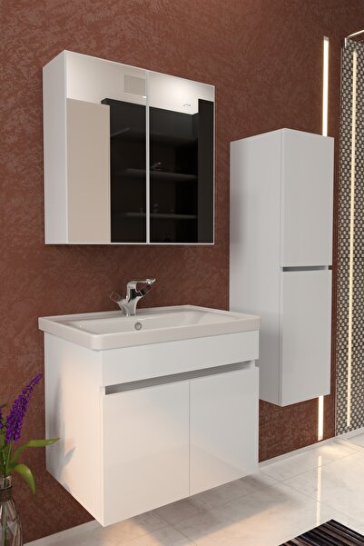 makbulce Tokyo Havlu Dolaplı 65cm Seramik Lavabolu MDF Aynalı Banyo Dolabı-Beyaz