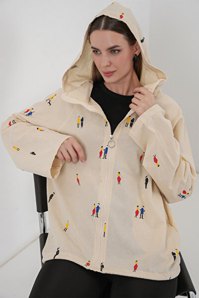 Bigdart Women's Hooded Patterned Linen Jacket 0736 - Ecru