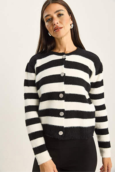 Bianco Lucci Women's Striped Crew Neck Bearded Knitwear Cardigan 60285008