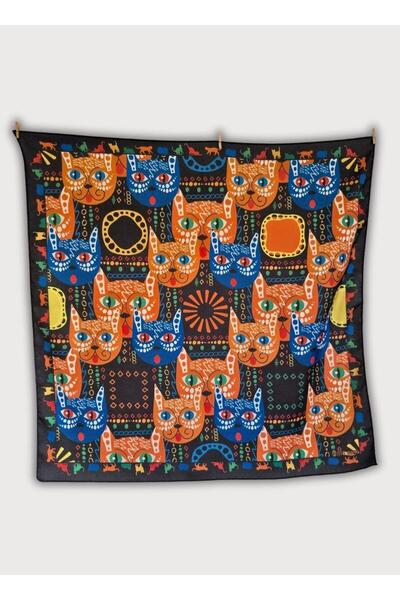 POZİTİF MRK Cat Patterned Black and Multi-Color Twill Satin Scarf 58Cmx58Cm