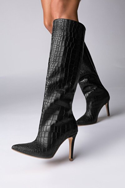 Vanilla Days Black Croco High Heel Boots - Genuine Leather, Sleek Design, 9cm...