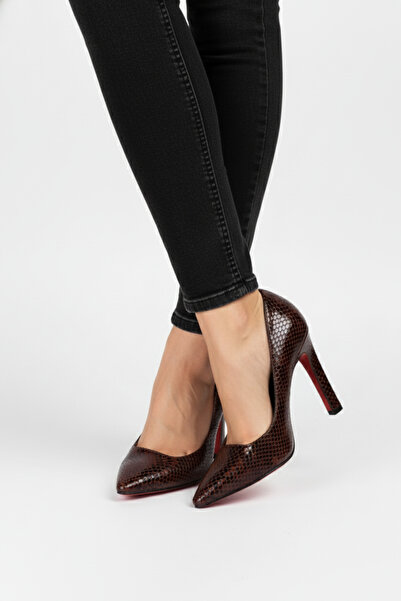 Extra Shoes İstanbul Women's Brown Snake Pattern Mirrored Jurdan Stiletto