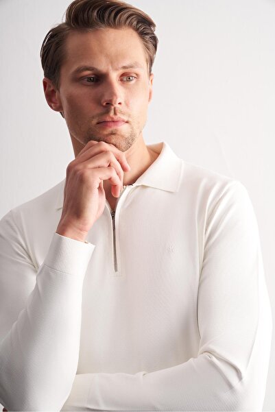 İmza Ecru Long Sleeve Zippered Collar Without Pockets Slim Fit Knitwear 1012255150